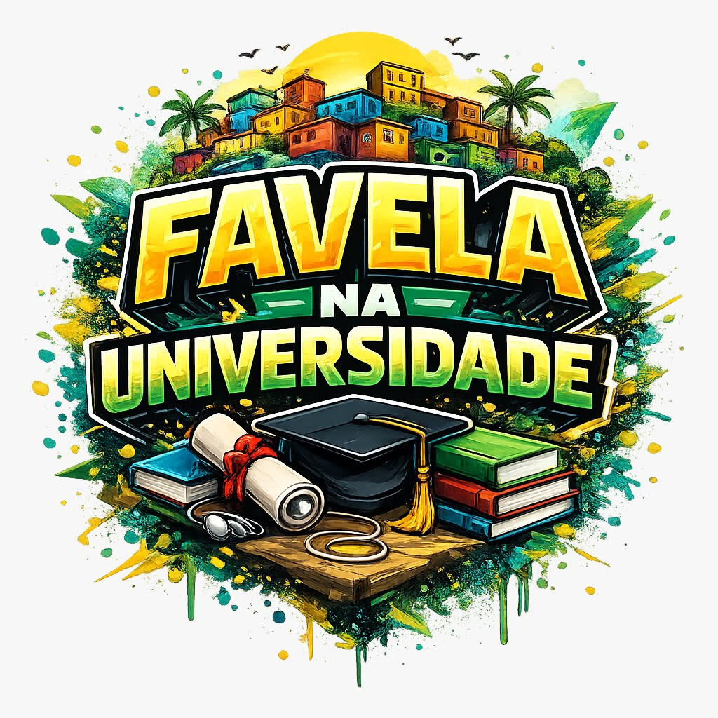 Marca Favela na Universidade, com casas coloridas, livros e um capelo